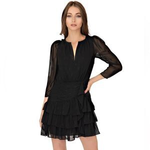 Shoshanna Kieran Dress Blouson Tiered Ruffle Black Sheer Chiffon Romantic Goth